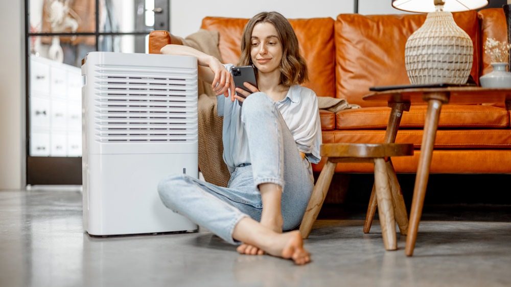 Woman sitting near air purifier