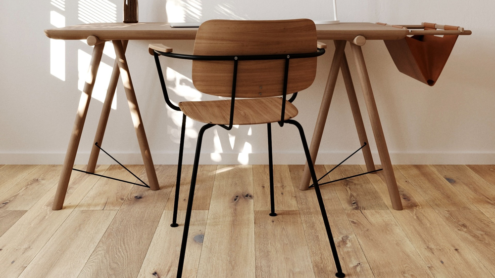 Desk and chair located on vinyl flooring