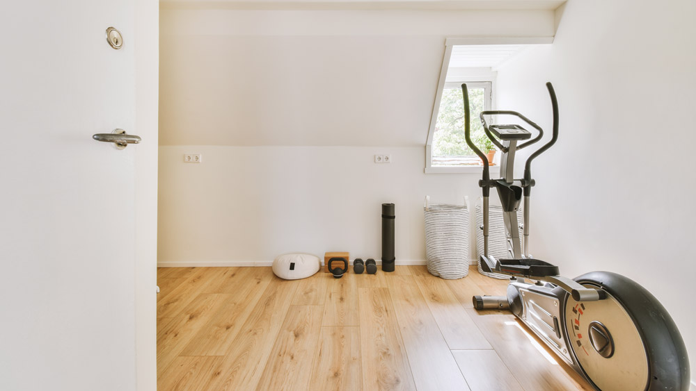 Interior of modern home gym room with vinyl flooring