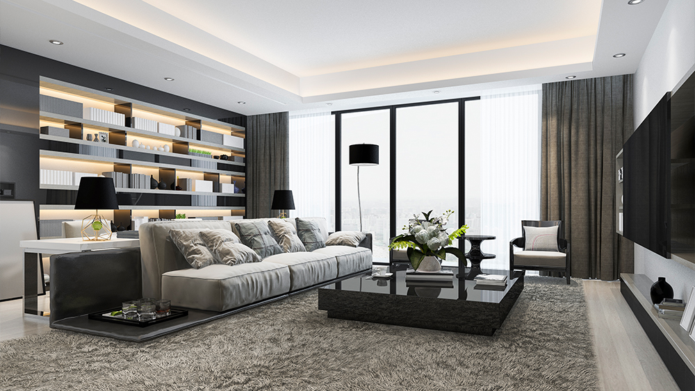 Living room with minimal gray carpet in interior design