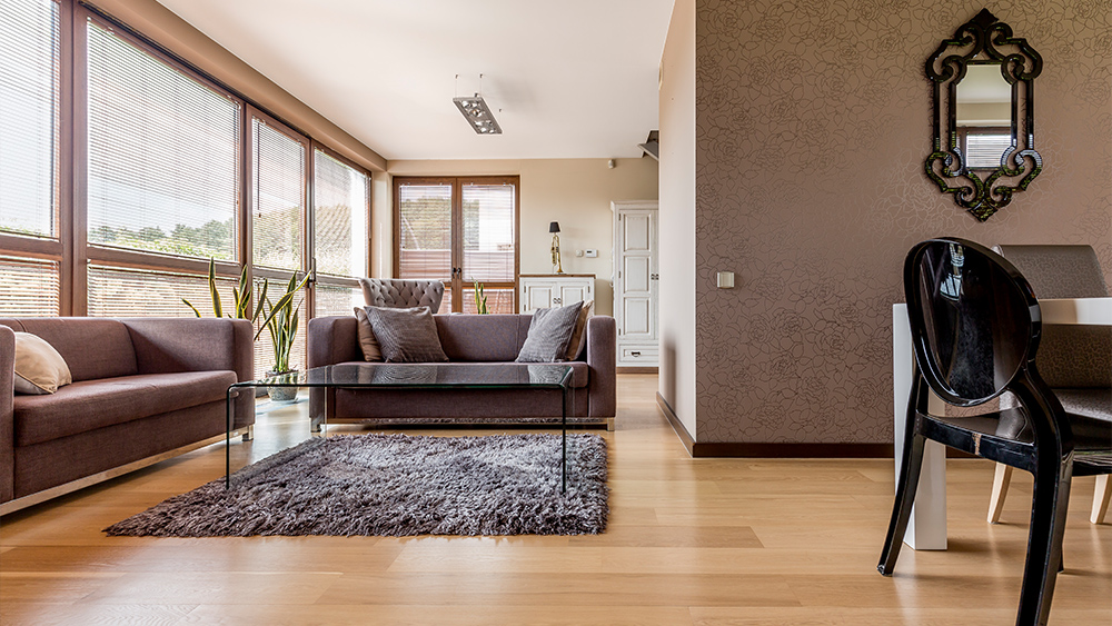 Brown living room with sofas and laminate flooring