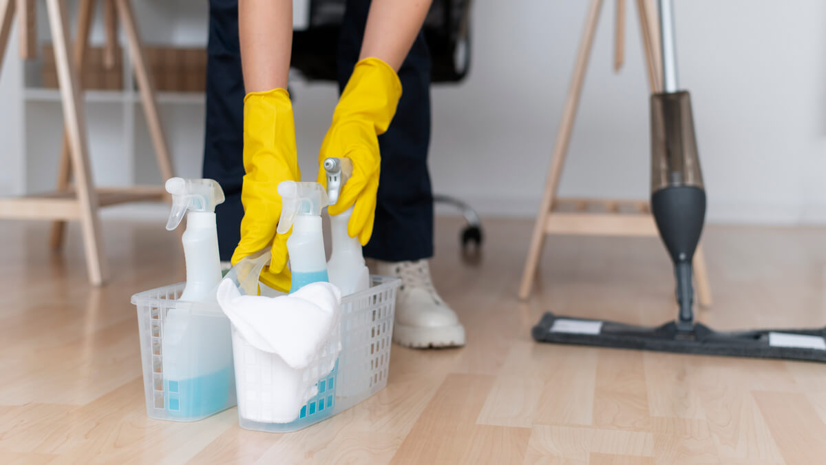 Woman with laminate flooring cleaner products and vacuum