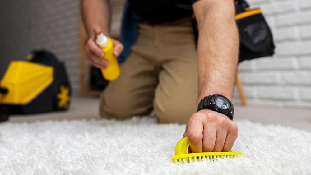 Man doing professional carpet cleaning with brush and cleaning material