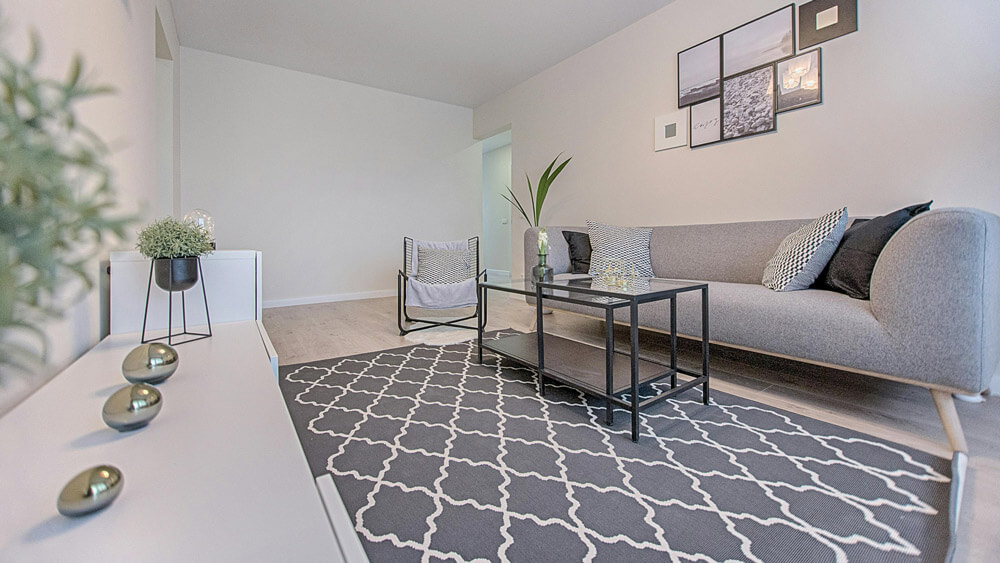 Living room with gray floral patterned carpet