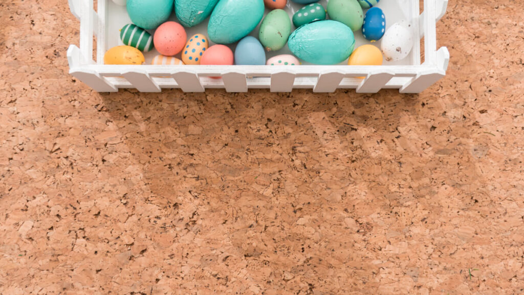 Easter eggs on a cork surface