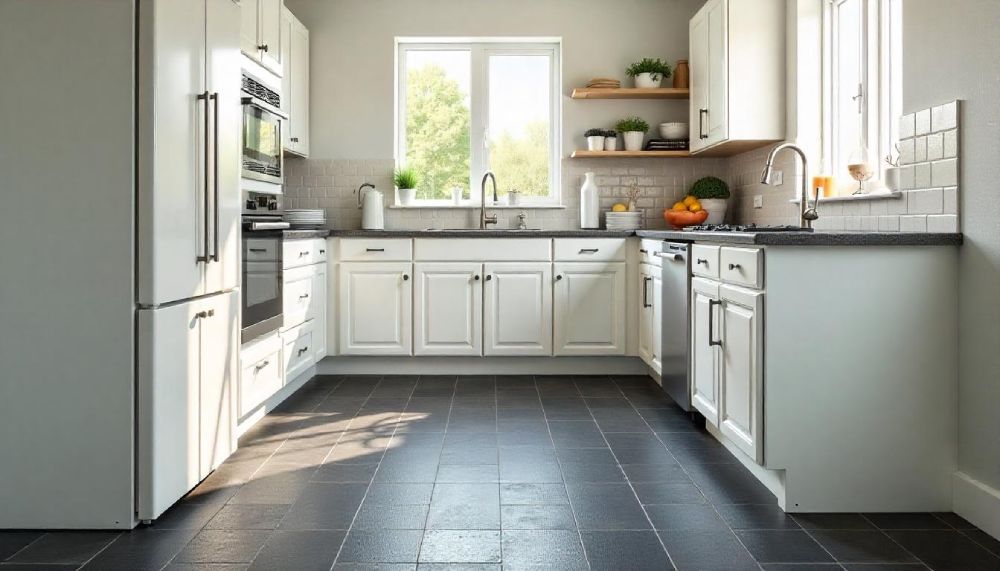 Kitchen with dark vinyl flooring