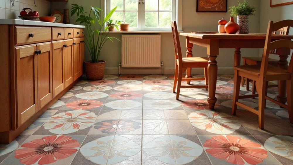 Kitchen with warm patterned ceramic tiles flooring