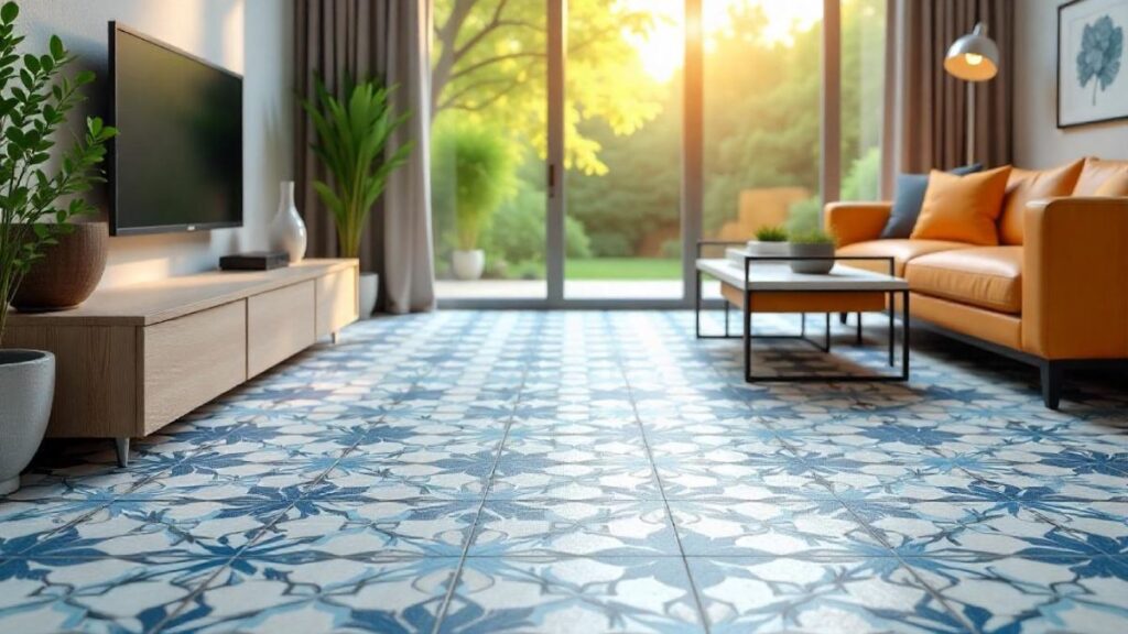 Living room with patterned ceramic tiles flooring