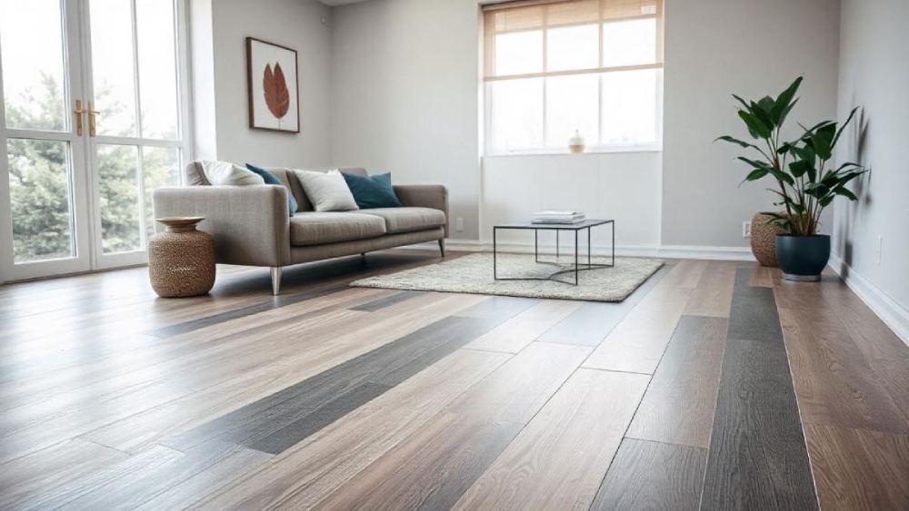 Modern minimal living room with vinyl tiles flooring