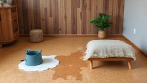 Room with cork flooring and water splash on the surface