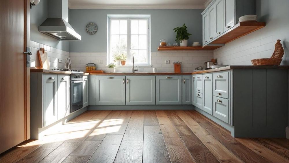 Warm kitchen with vinyl tiles flooring