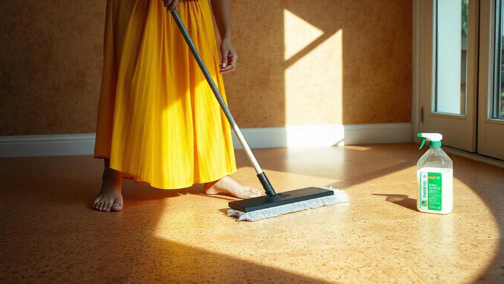 Woman cleaning cork flooring using a mop and a cleaning product