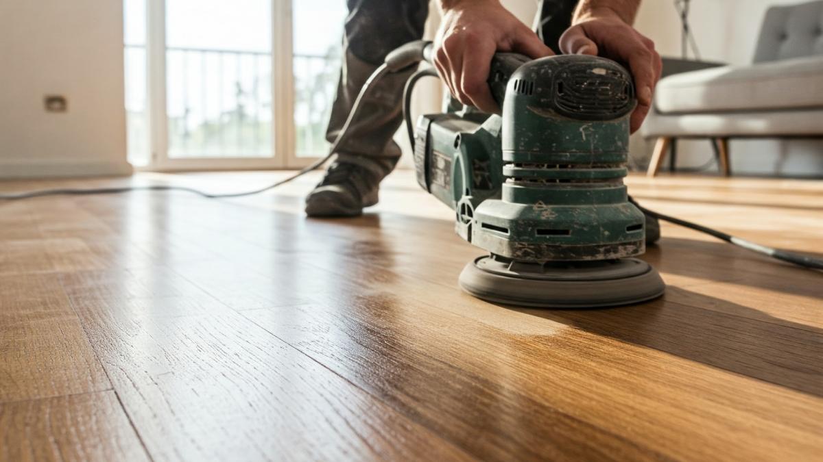 Someone sanding timber flooring