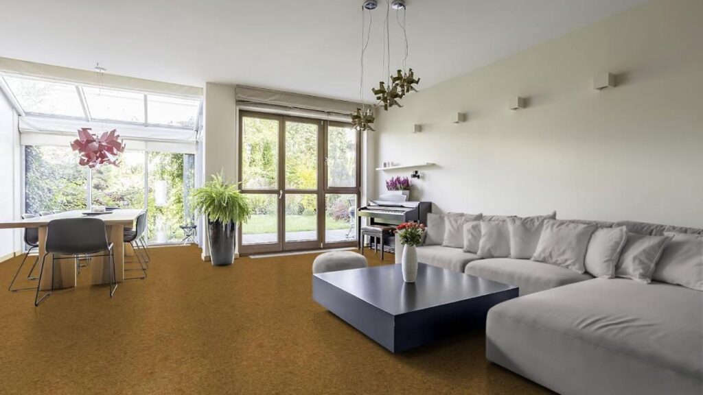 Big living room with cork flooring and white sofa