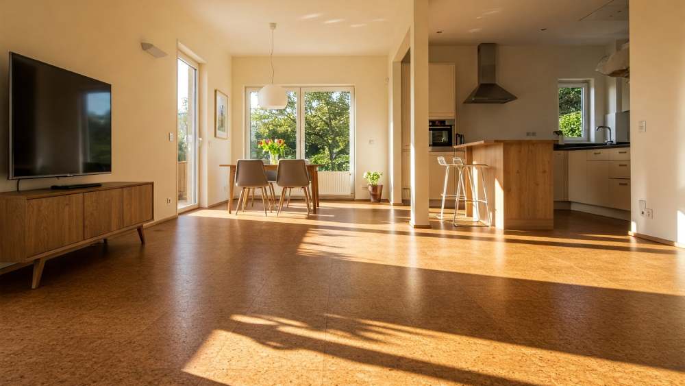 Kitchen and living room with cork flooring