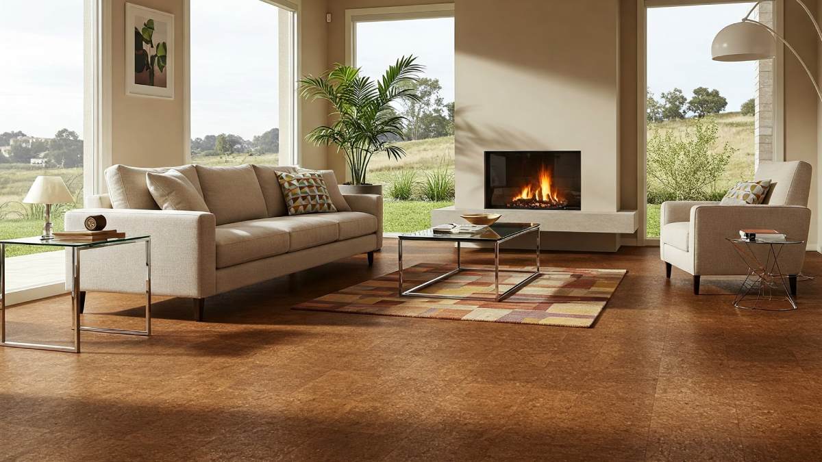 Modern and simple living room with cork flooring