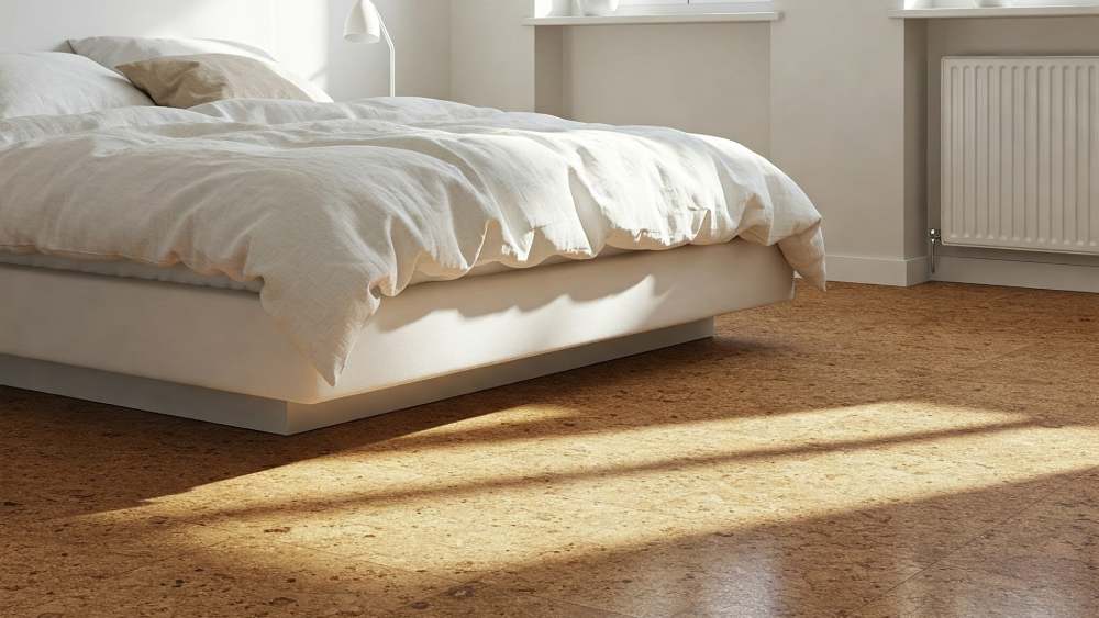 Simple bedroom with cork flooring