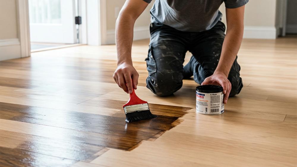 Someone staining timber flooring